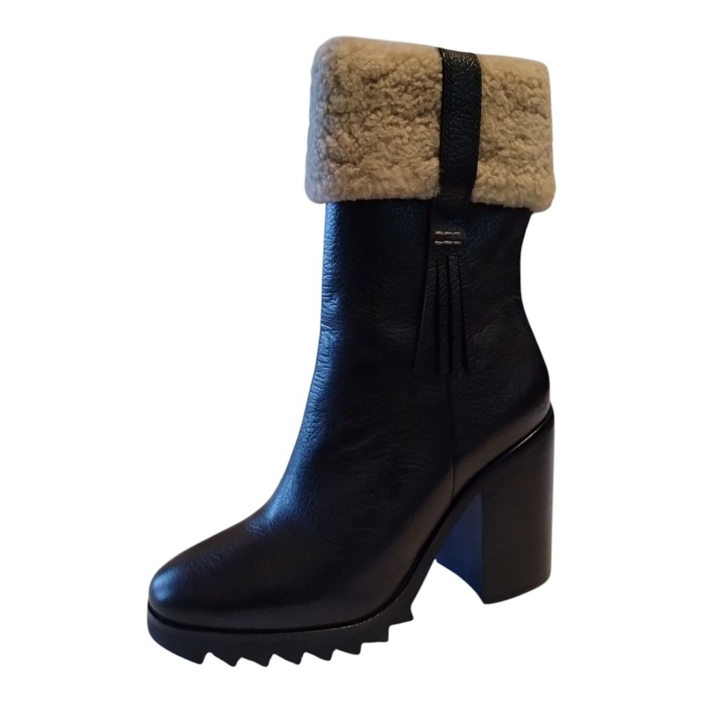 Paige Whitney Shearling Lined Boot in Black Women's Size 8 Lug Soles Block Heels